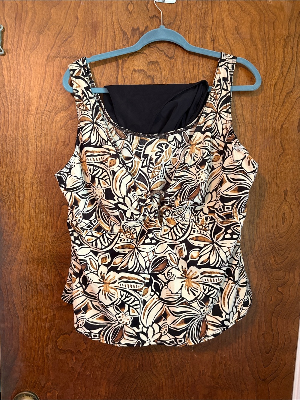 Sleeveless Floral Print swimsuit Tankini Top - and bottom Black & Cream